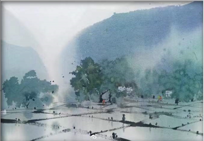 watercolor chinese countryside scenery