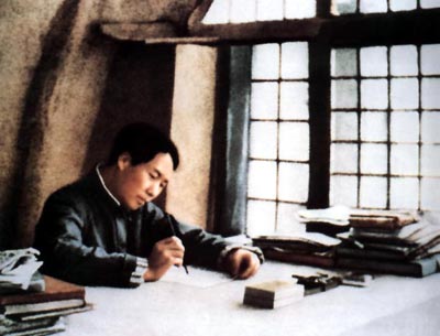 chairman mao in Yanan's cave house office during the anti-japanese war