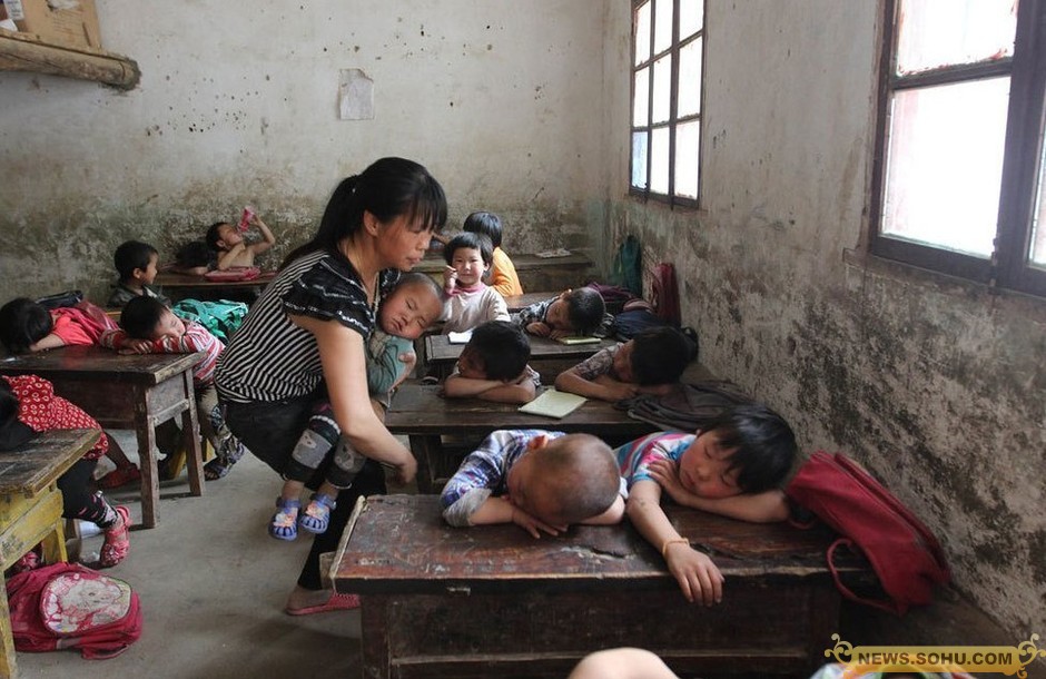 china rural teacher, take care of children and cooking lunch