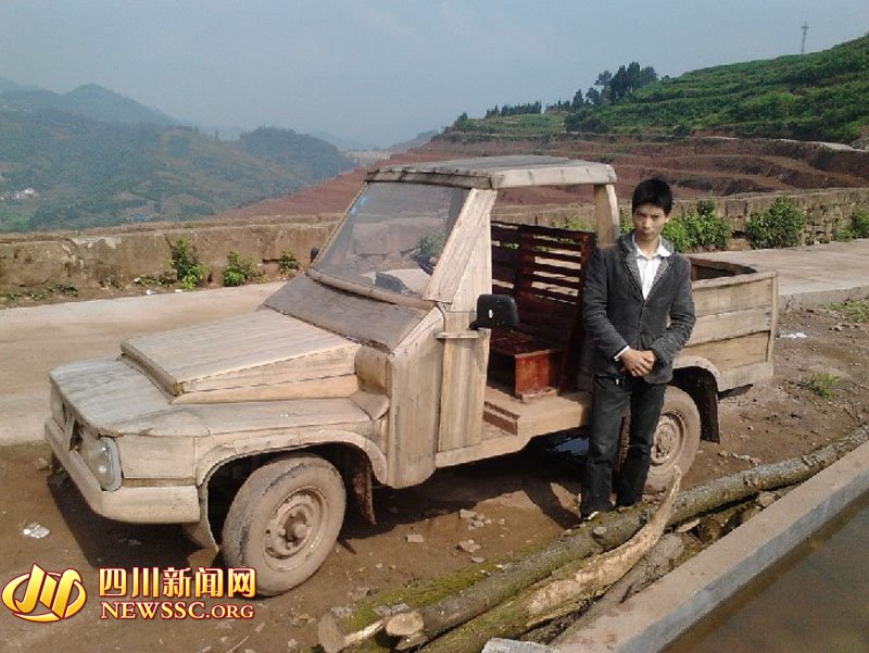 car made of wood, wooden pickup truck