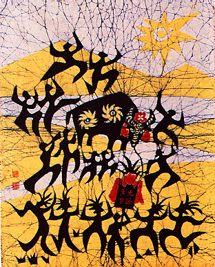 bull fighting, china guizhou wax painting art