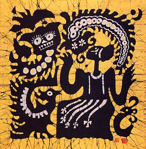 man, lion, dragon and phoenix, chinese wax painting art