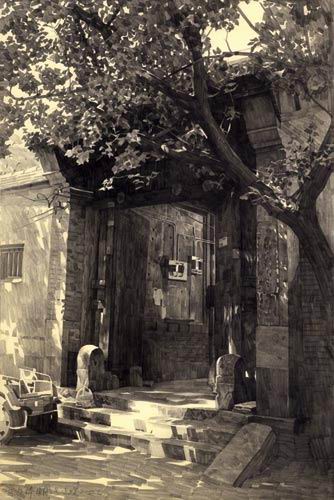 hutong, beijing hutong pencil sketch