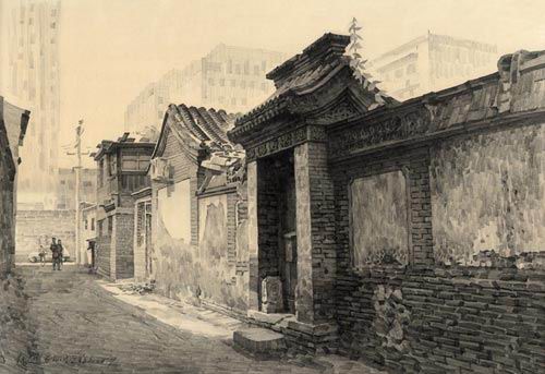 hutong, beijing hutong pencil sketch