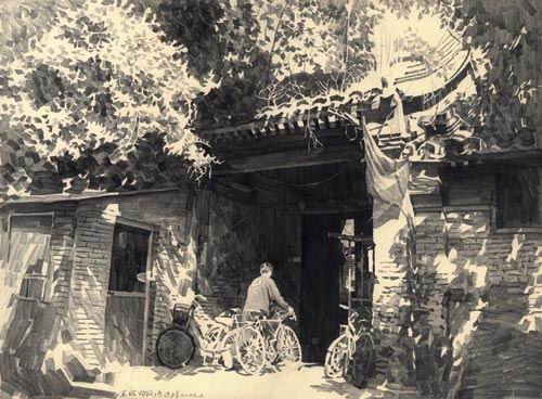 hutong, beijing hutong pencil sketch