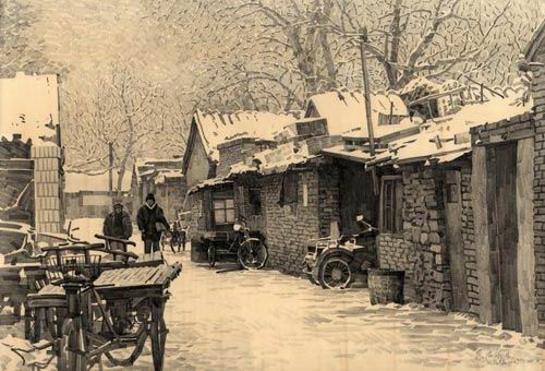 hutong, beijing hutong pencil sketch